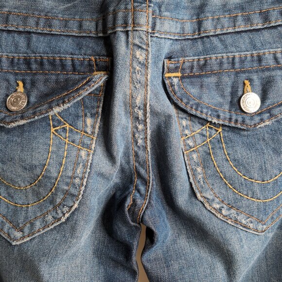 True Religion Y2K Women's Blue Denim Jeans Distressed Bootcut/Stitching, Size 28 - Picture 3 of 11